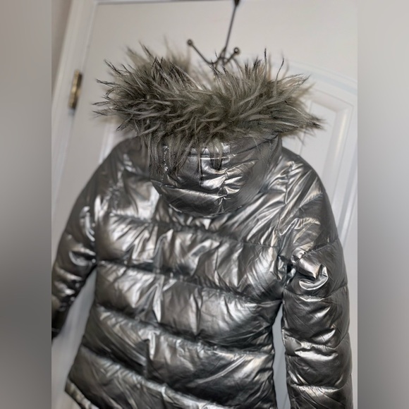 Diesel Girls Hooded Puffer Parka Jacket Removable Faux Fur Trim Silver* - Picture 5 of 12